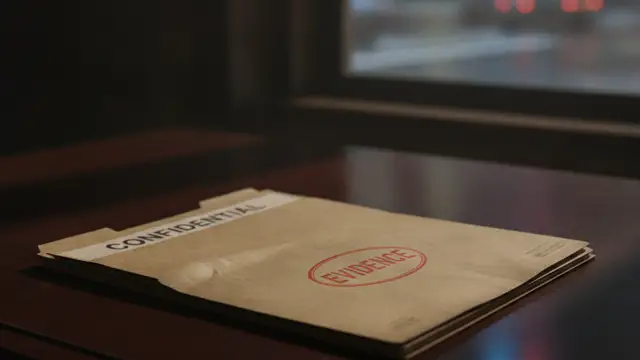 Confidential evidence file on a dark desk with emergency light reflections.