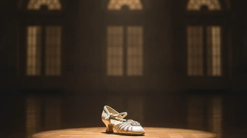 A single, elegant ballroom dance shoe on an empty, polished wooden dance floor.