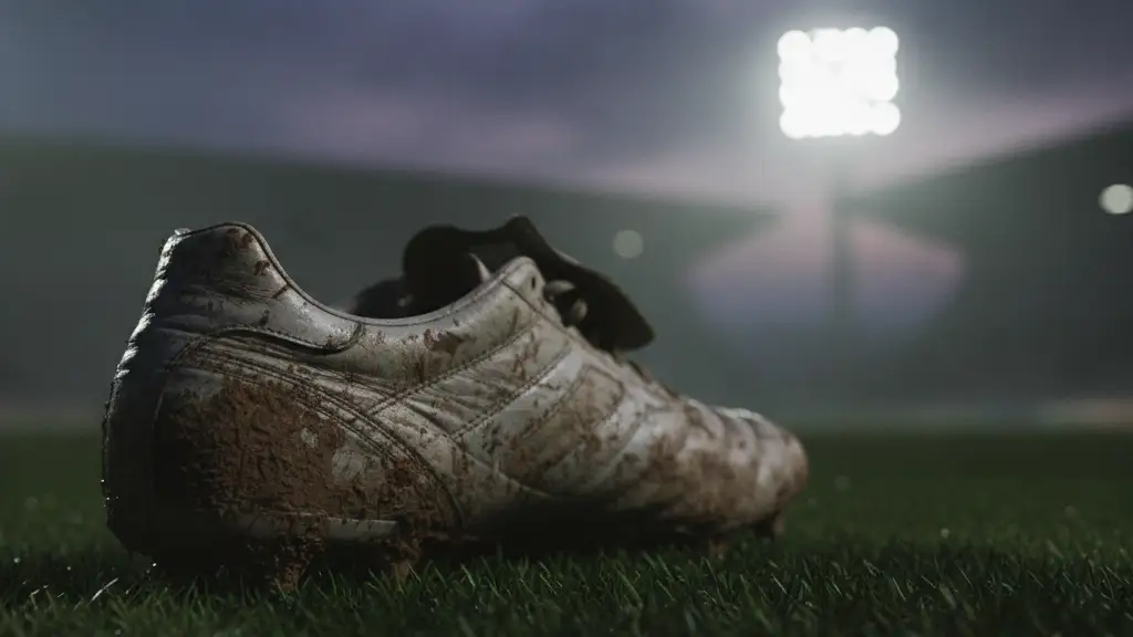 Mud-splattered football boot on grass, stadium lights in misty background.