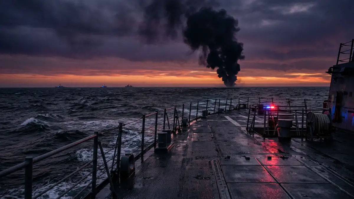 A distant plume of smoke rises over the ocean horizon at dusk from a naval deck.