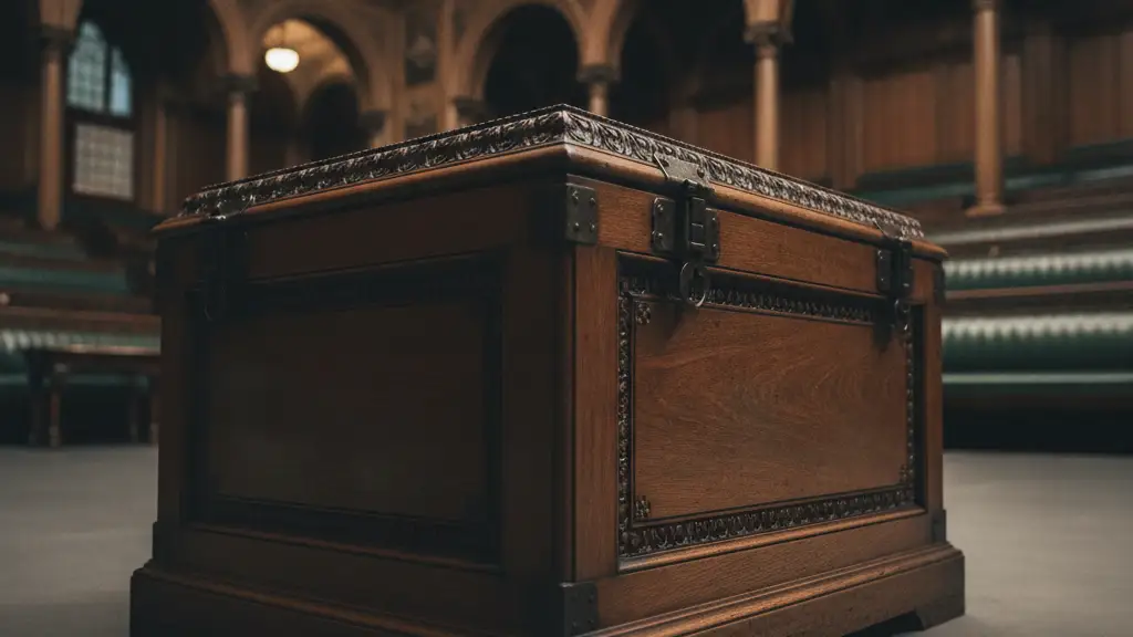 A close-up of a polished wooden despatch box in a dimly lit parliamentary chamber.