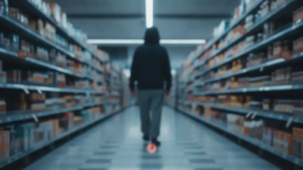 Blurred figure walks away in supermarket aisle, security camera reflection on floor.
