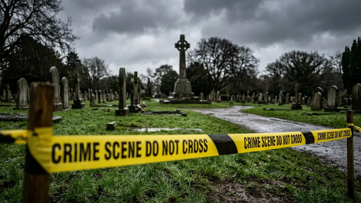 Yellow police tape stretched across a blurred cemetery background under a grey sky.