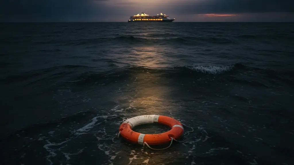 Lifebuoy floating in dark ocean with distant cruise ship silhouette at dusk.