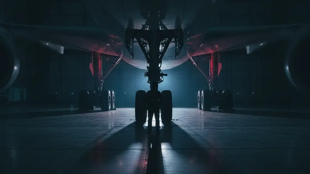 Silhouetted figure in a vast airport hangar, looking at the landing gear of a Boeing 787.