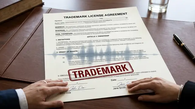 Legal document with 'TRADEMARK' stamp and abstract voice waveform.