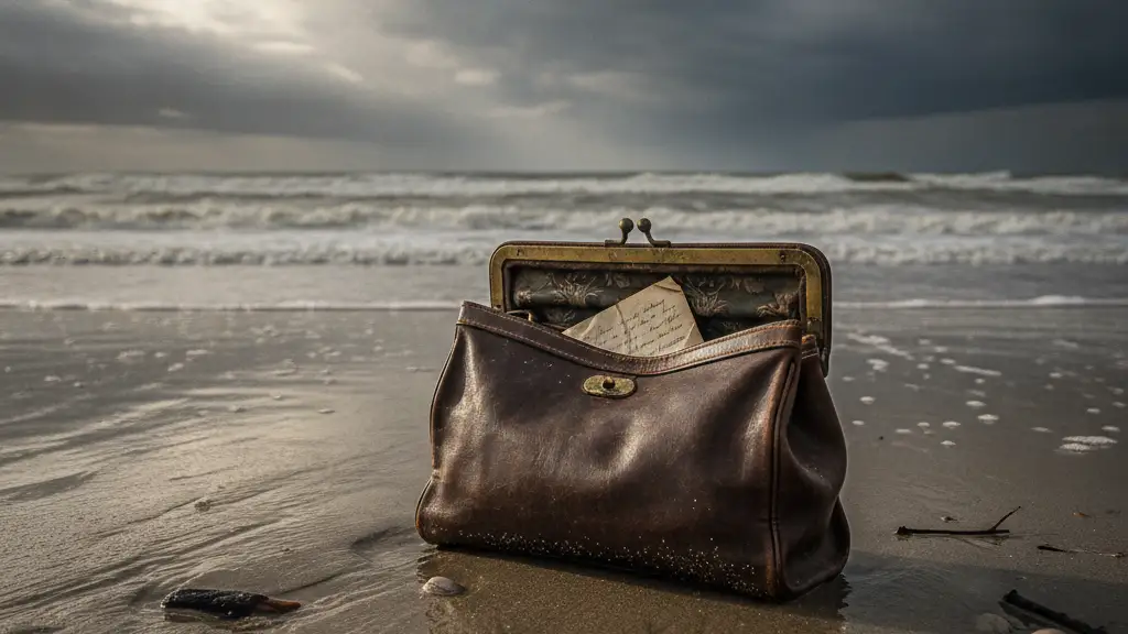 A weathered handbag lies on wet sand at the edge of a turbulent ocean.