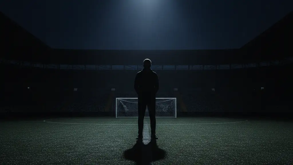 Silhouette of a soccer coach on an empty pitch, contract document at his feet.