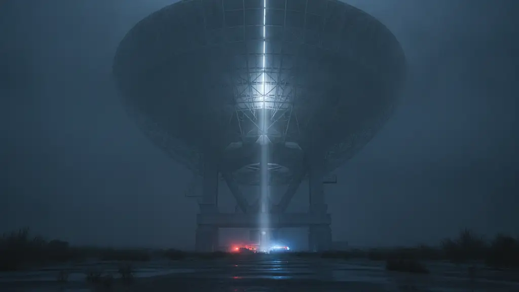 A massive radio telescope dish shrouded in mist, with subtle emergency lights reflecting.