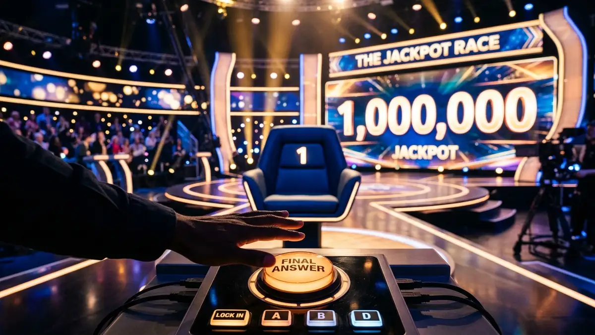 Empty game show chair with a million-pound display in the background.