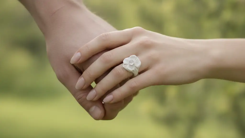 Close-up of two hands, one wearing a delicate porcelain engagement ring.