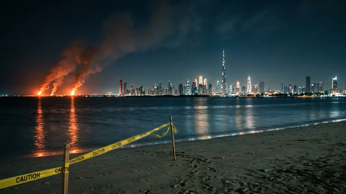 The Dubai skyline at night with distant smoke plumes and orange glows reflecting on water.