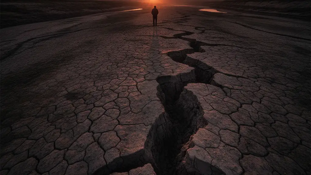 A lone figure stands on a vast, cracked riverbed under a dramatic sky.