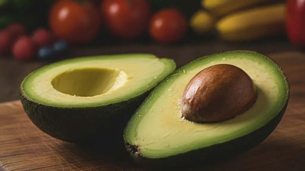 A sliced avocado on a wooden board, blurred fresh produce in background.