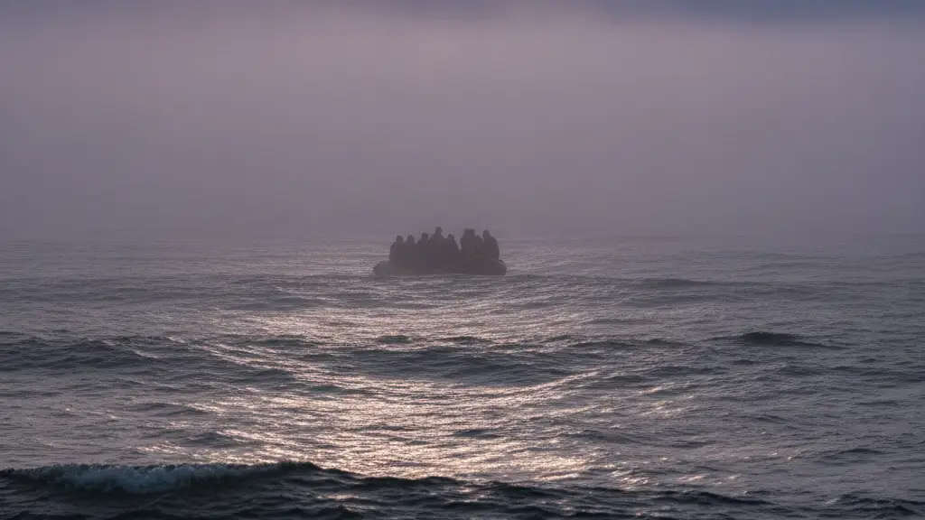A small, inflatable dinghy with silhouetted figures emerges from dense sea fog.