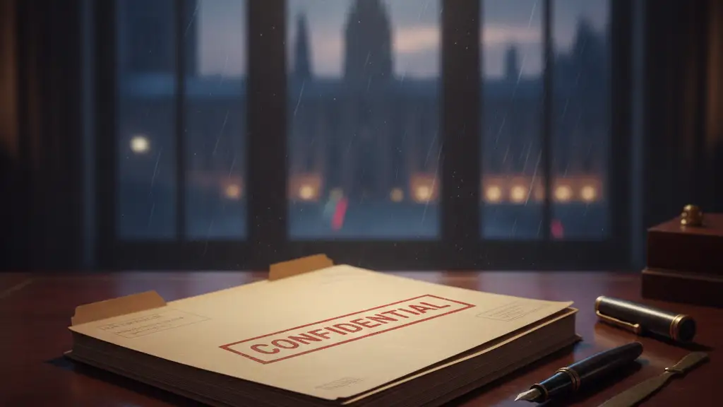 Confidential file on a mahogany desk, blurred parliamentary building in background.