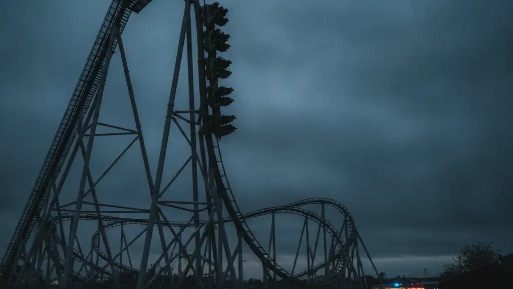 A towering, empty rollercoaster track silhouetted against a dramatic, overcast sky.
