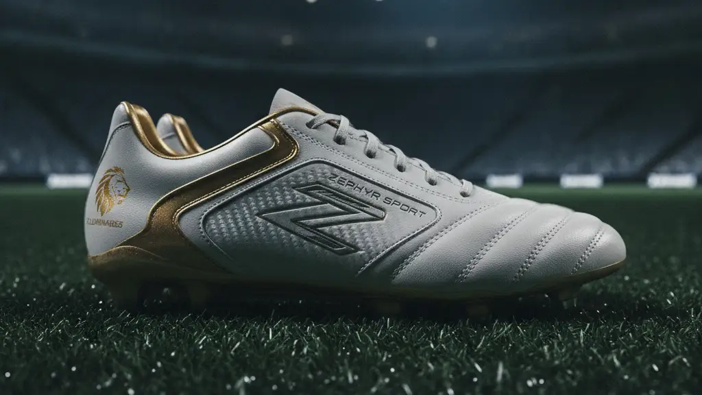 Expensive football boots on a pristine pitch under stadium lights.