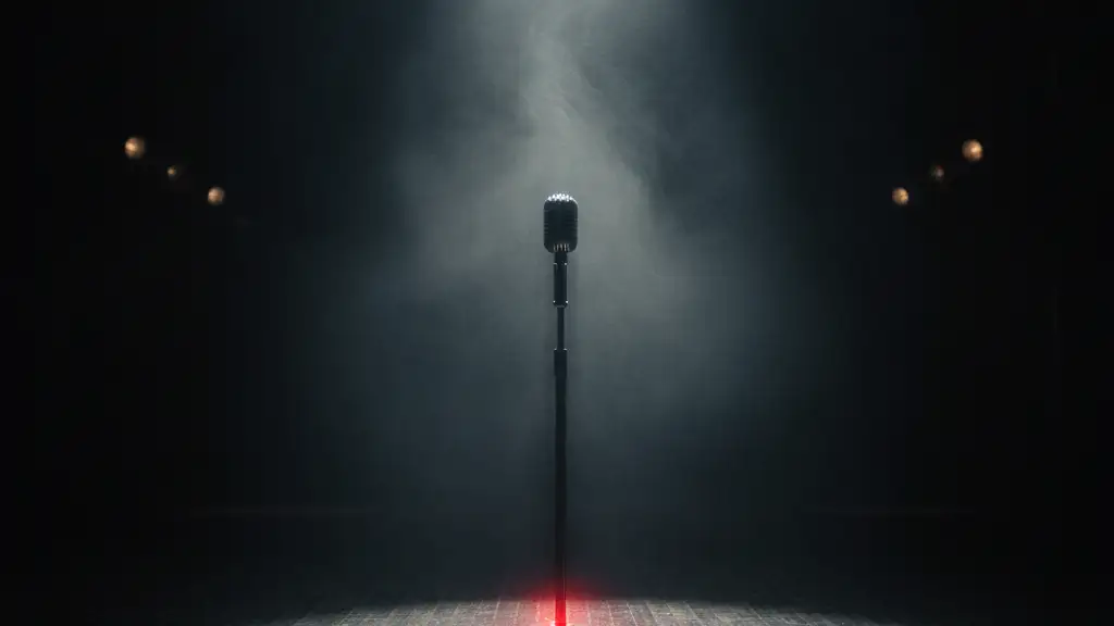 A lone microphone stand on a dark, foggy stage under a single spotlight.