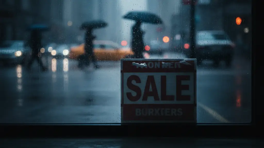 A worn 'SALE' sign partially obscured by a blurred reflection of a street.