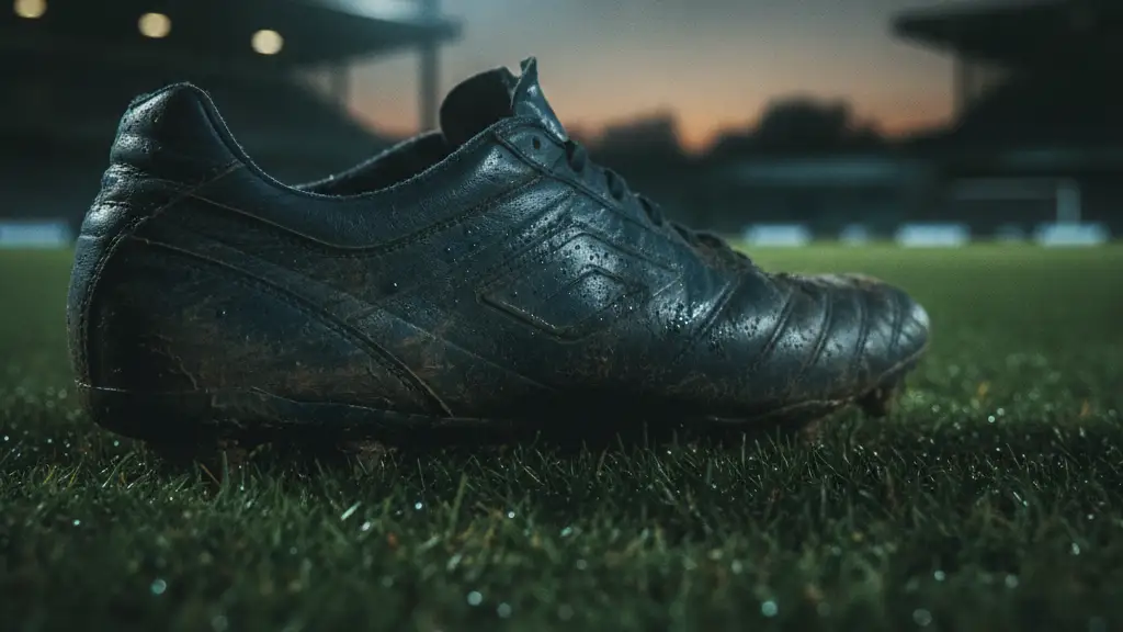 A close-up of a dark, worn football boot on a green, dewy pitch under stadium lights.