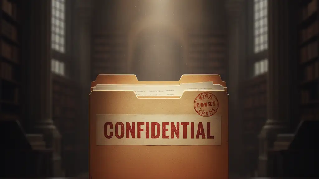 A thick 'CONFIDENTIAL' file folder with a 'HIGH COURT' stamp on a mahogany desk.