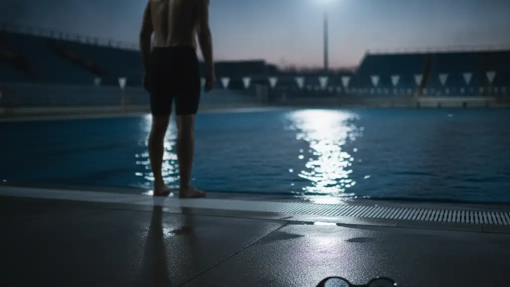 A lone swimmer's back at pool edge, discarded goggles in foreground.