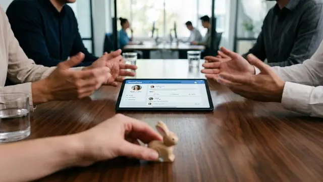 Blurred hands around a conference table with a tablet and a small toy.