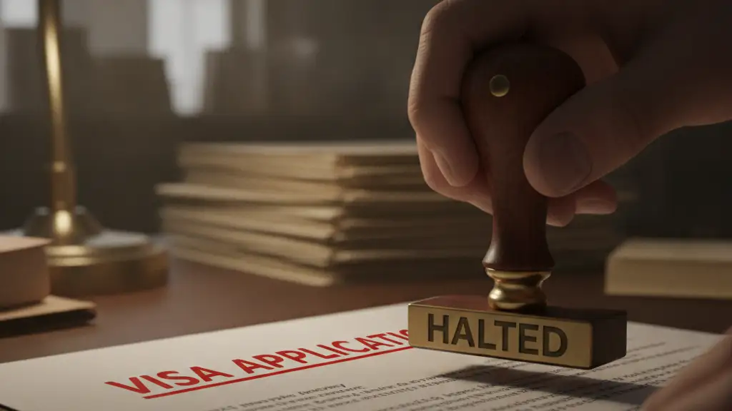 A blurred hand hovers a 'PAUSED' stamp over a visa application document.