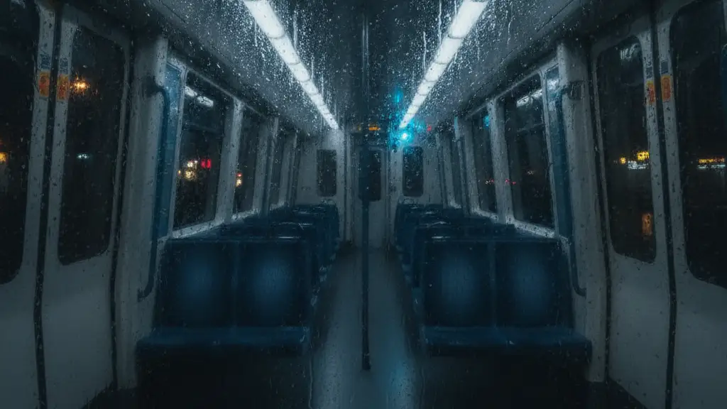 Empty Victoria Line train carriage, rain-streaked window, blurred city lights reflection.