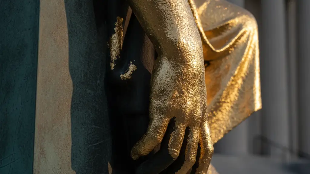 Close-up of a bronze sculpture with newly applied 23-carat gold leaf.