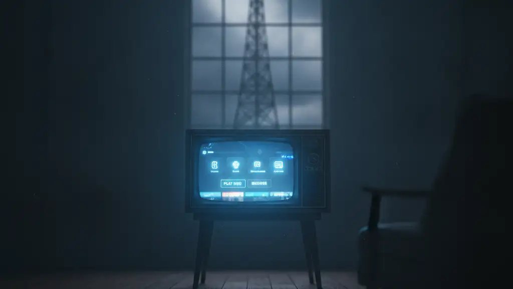 Vintage TV reflecting streaming interface, broadcast tower silhouette in background.