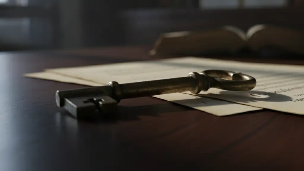 An old brass key resting on a stack of documents on a wooden desk.