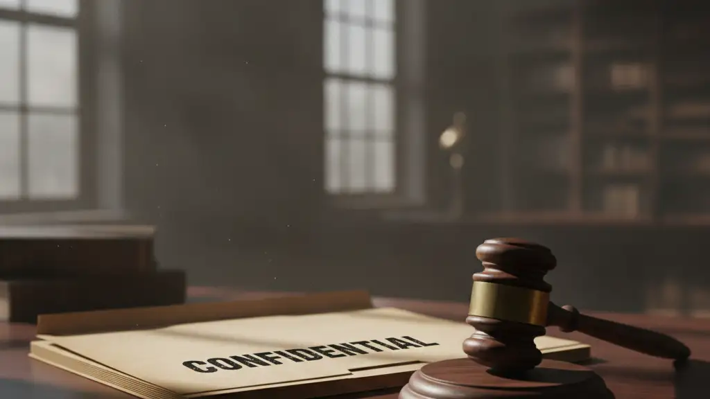 A confidential file and a gavel on a dark desk, lit by dramatic shadows.