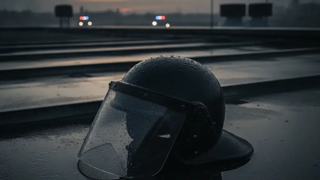 Discarded police riot helmet on a wet rooftop at dawn, distant emergency lights.