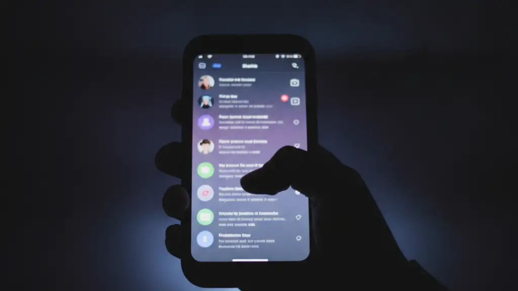 Teenage hand holding a smartphone with a blurred social media feed on screen.