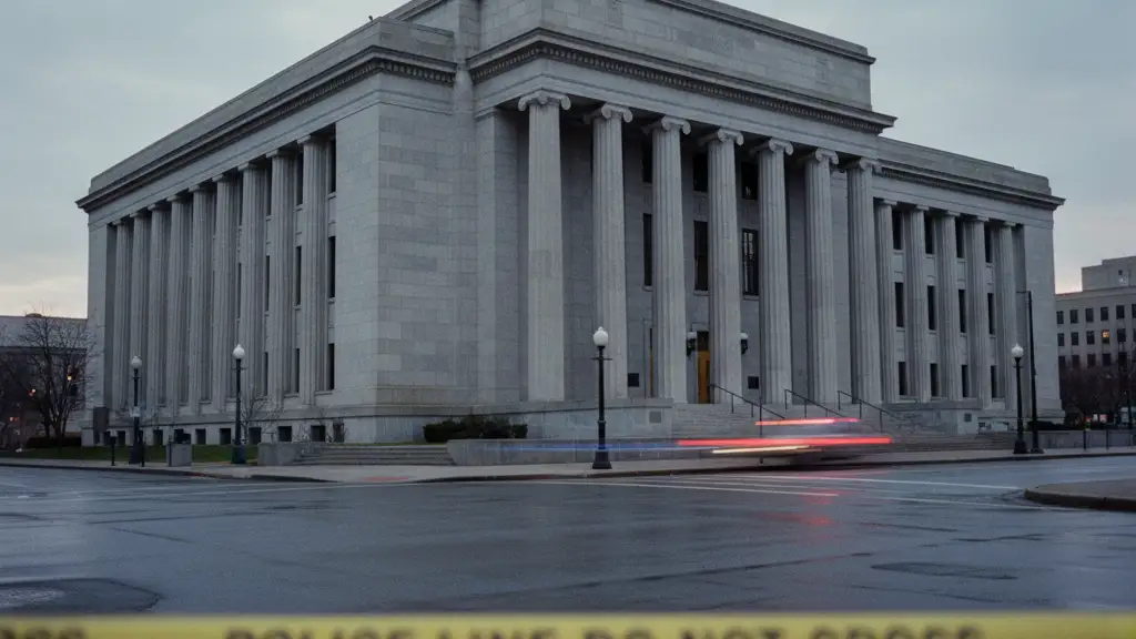 Police tape in front of a stone courthouse with reflecting emergency lights at dawn.
