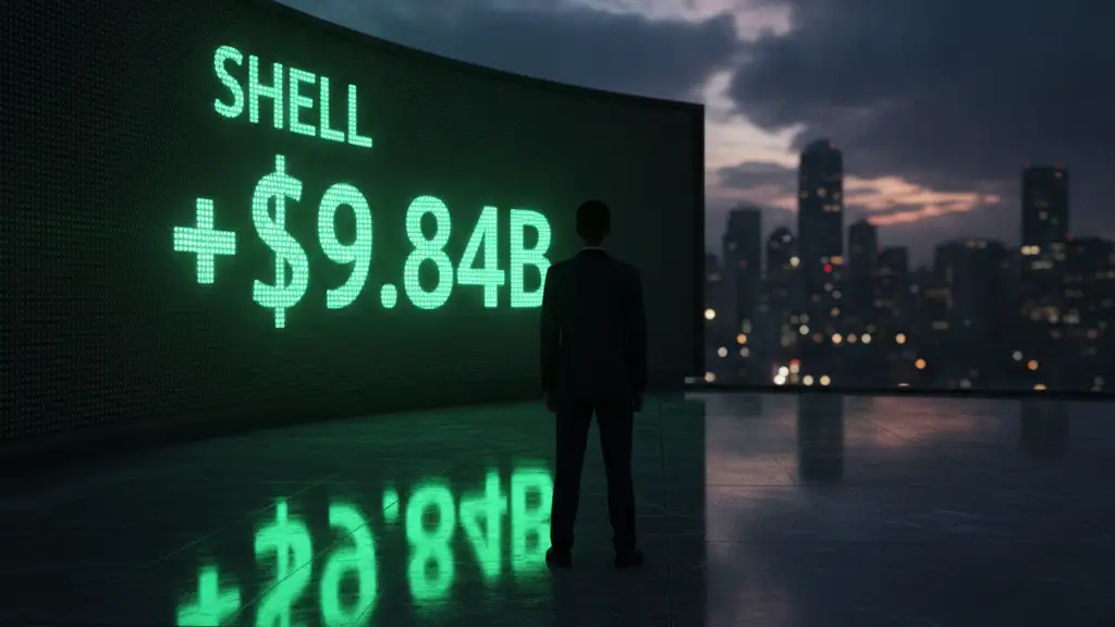 Silhouetted figure viewing a digital stock ticker displaying Shell's profit.