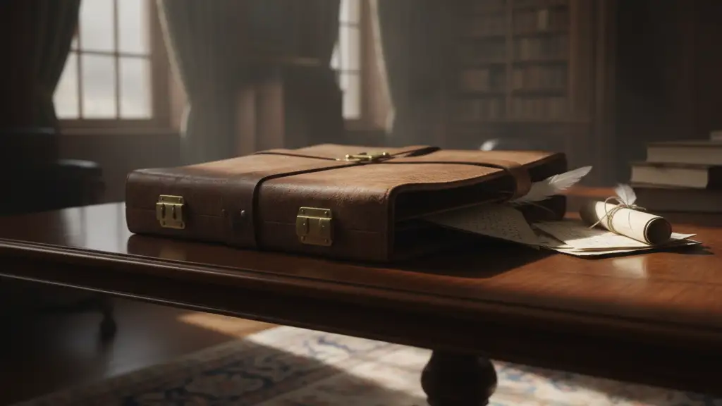 A slightly open leather brief case on a dark, polished table.