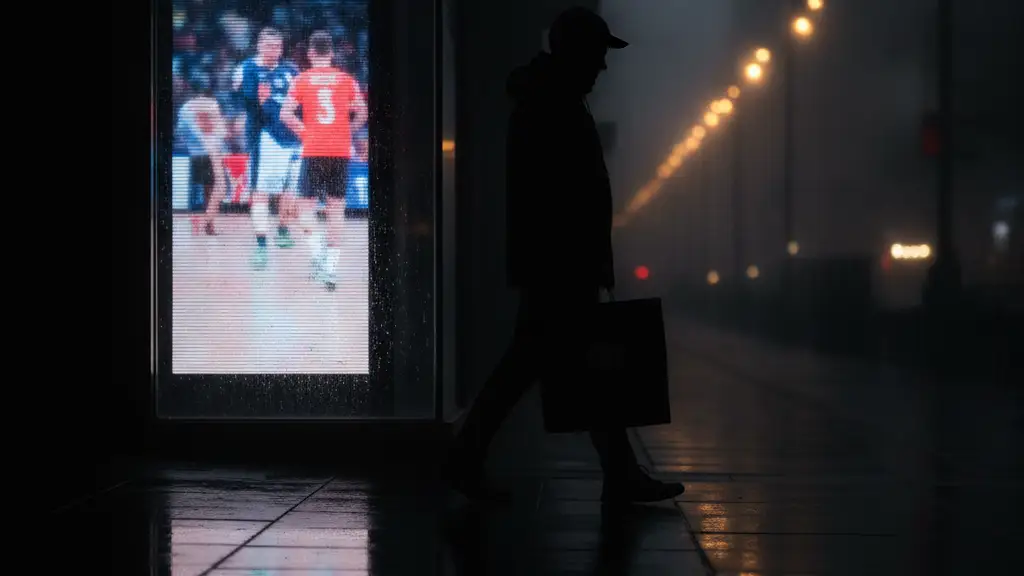 Silhouette of a shopper with a bag, passing a store reflecting a sports event.