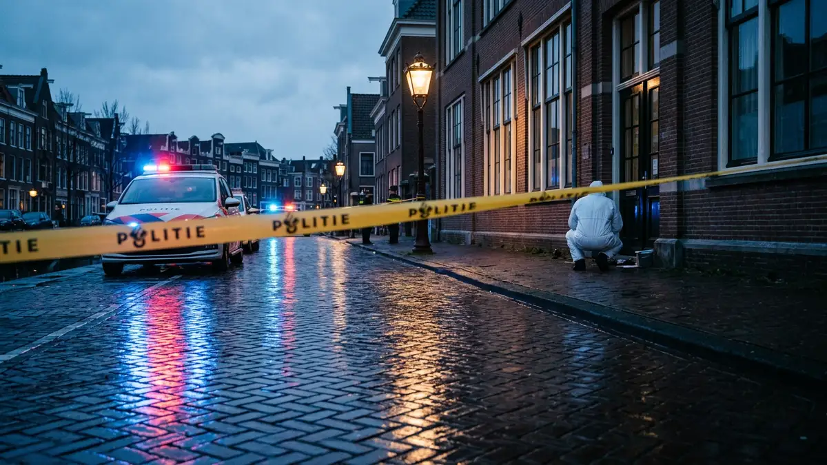 Police tape and emergency lights reflecting on a wet Amsterdam street near a school building.
