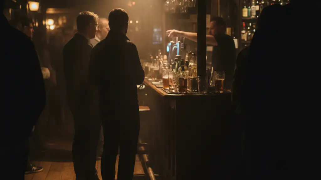 Blurred, high-contrast image of crowded pub bar with silhouetted patrons.