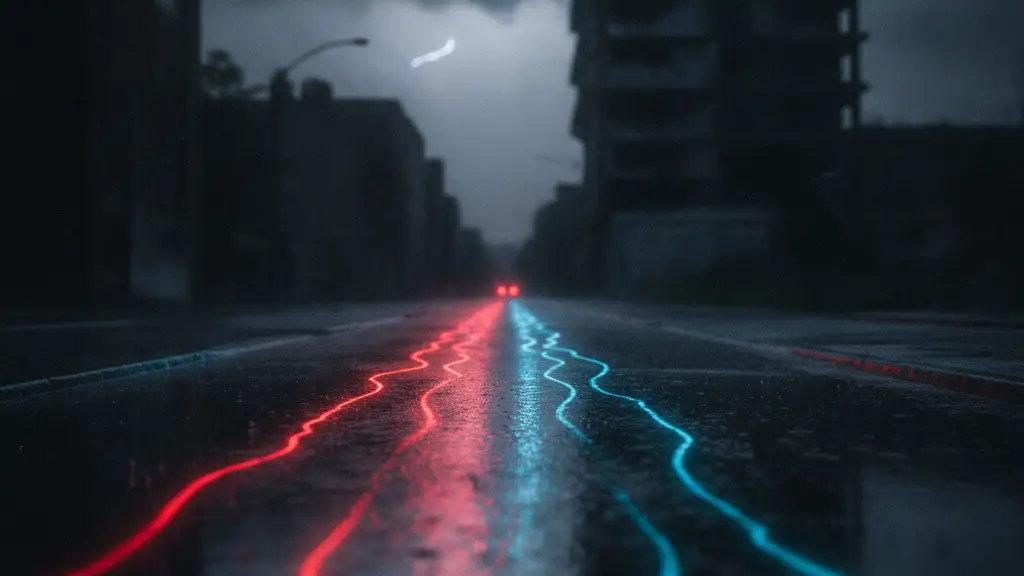 Rain-slicked street reflecting red and blue emergency lights, blurred collapsed building.