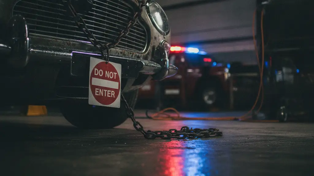 Vintage Aston Martin partially obscured by a chain, reflecting emergency lights in a workshop.
