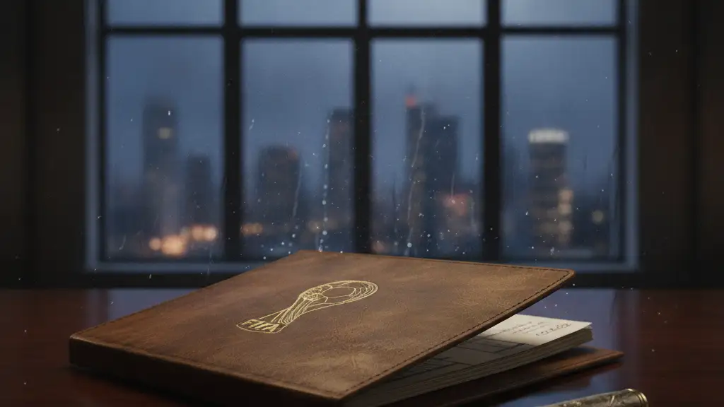 A thick FIFA folder on a mahogany desk, city lights blurred in background.