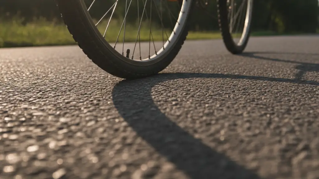 Bicycle wheel with sunlit spokes on an asphalt path, blurred green background.