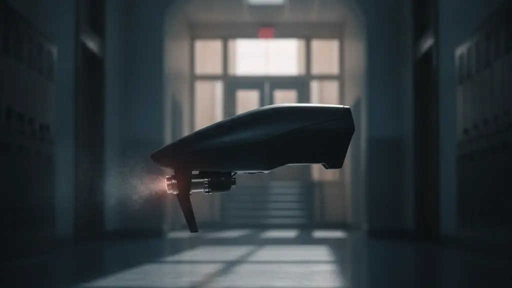A sleek, dark drone with a nozzle, silhouetted against a blurred school hallway.