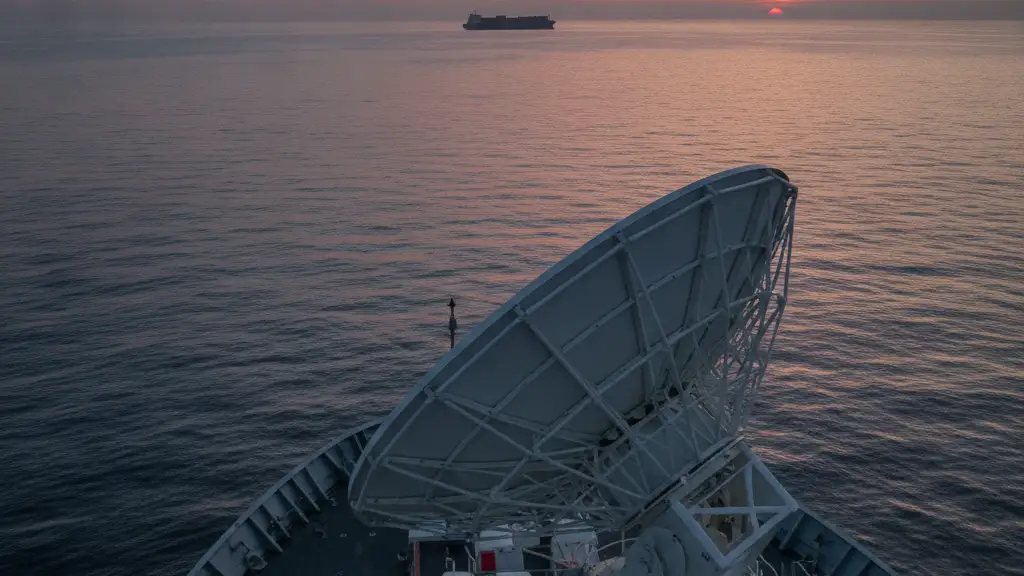 Naval radar dish rotating at dawn with a distant container ship silhouette on the horizon.