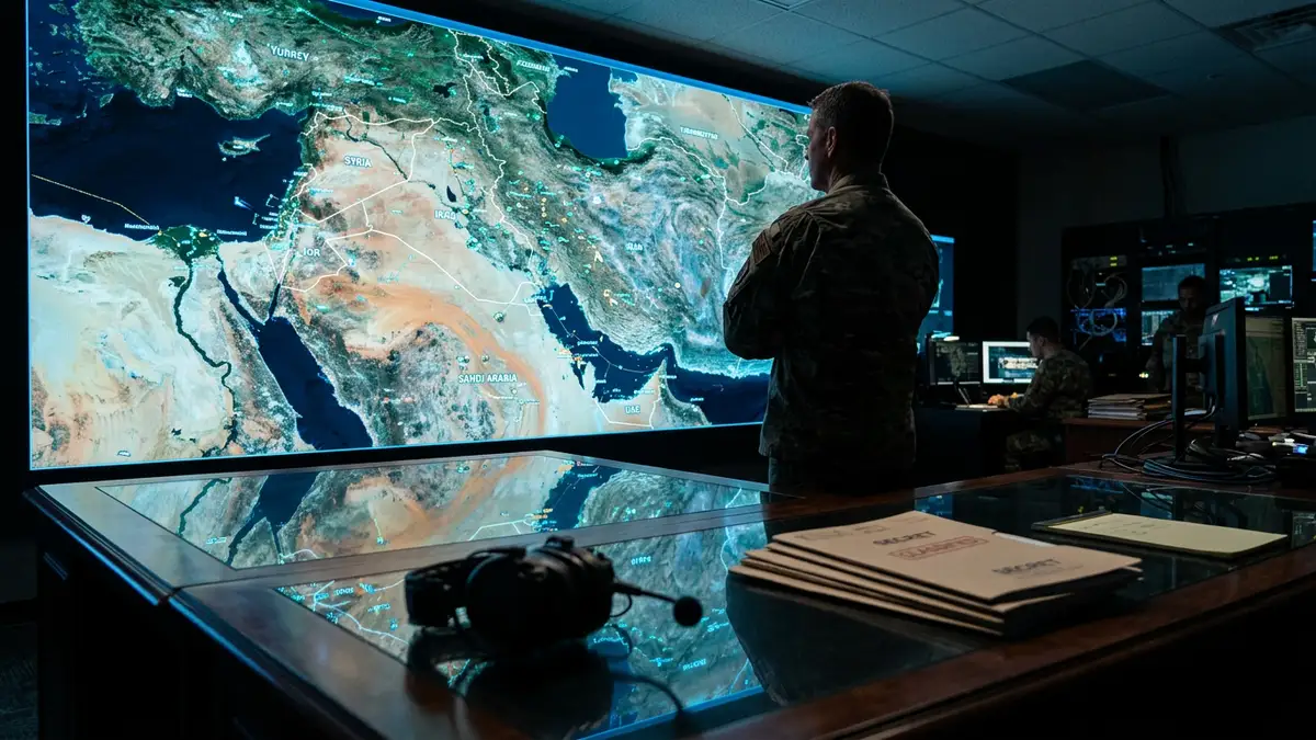 A silhouette of a military officer looking at a glowing digital map in a dark room.