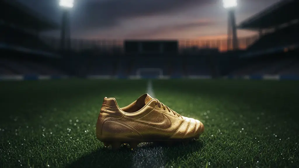 Golden football boot on an empty pitch at dusk, dramatic shadows.